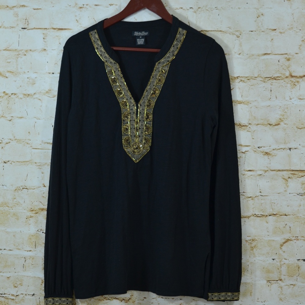 Lucky Brand Sz Medium Beaded V Neck Top